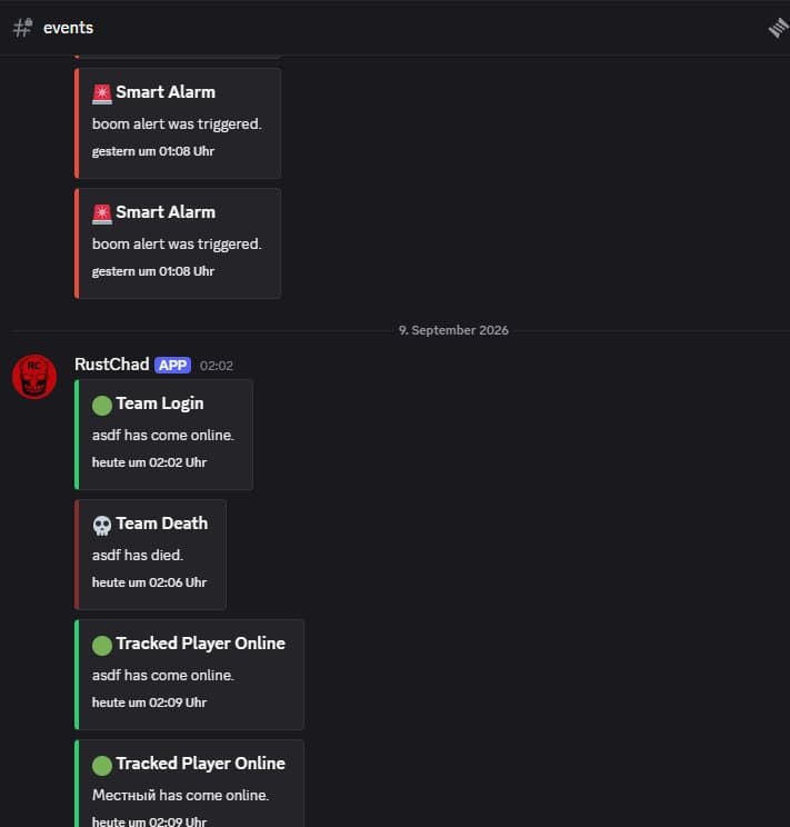 A real rustchad #events Discord channel showing Smart Alarm, Team Login and Tracked Player Online notifications