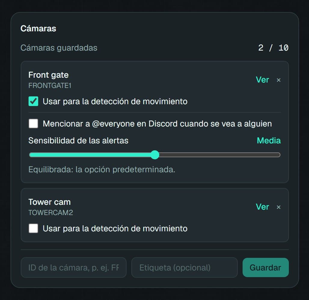 Página de cámaras guardadas de rustchad, con una cámara asignada a la detección de movimiento