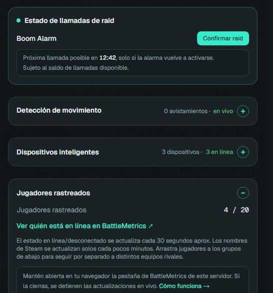 Panel de rustchad con el estado de las llamadas de raid, detección de movimiento, jugadores rastreados, servidores conectados y actividad reciente