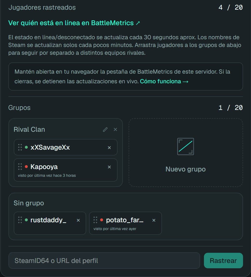Panel de jugadores rastreados de rustchad con dos jugadores agrupados como Clan rival y su estado en directo