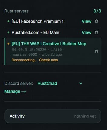 rustchad's dashboard showing three paired Rust servers and a connected Discord server