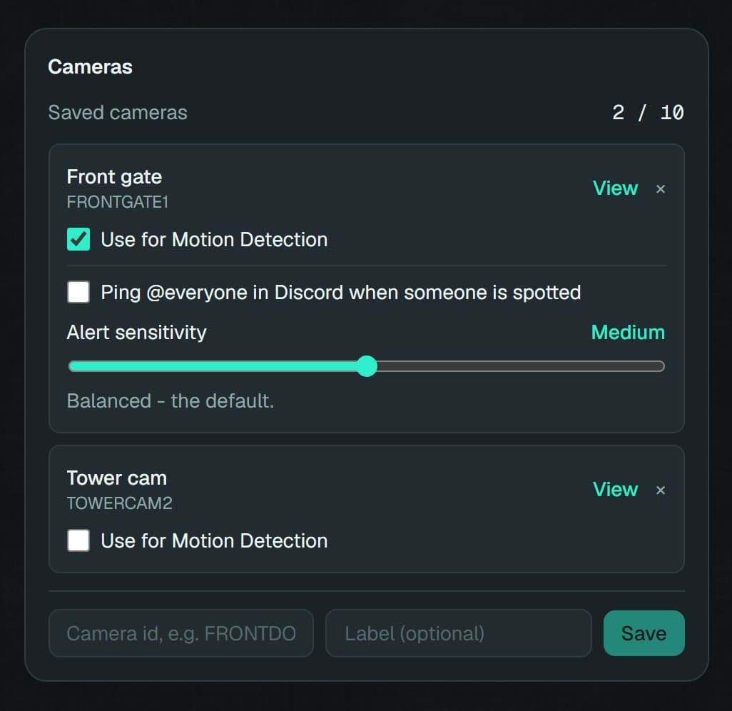 rustchad's saved cameras page, with a camera assigned to Motion Detection