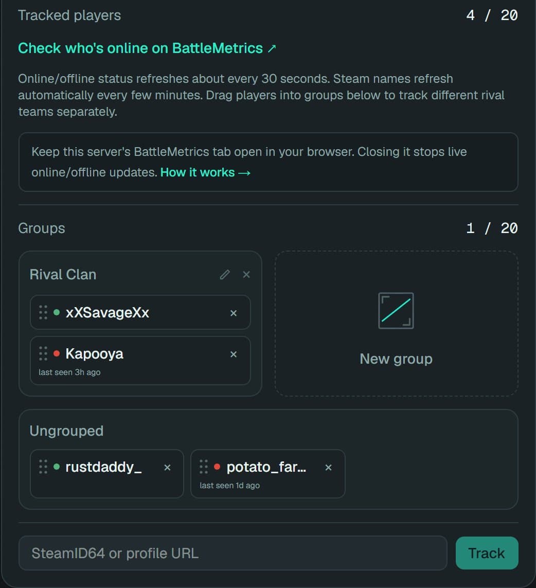 rustchad's Tracked Players panel, showing two players grouped as Rival Clan with live online/offline status